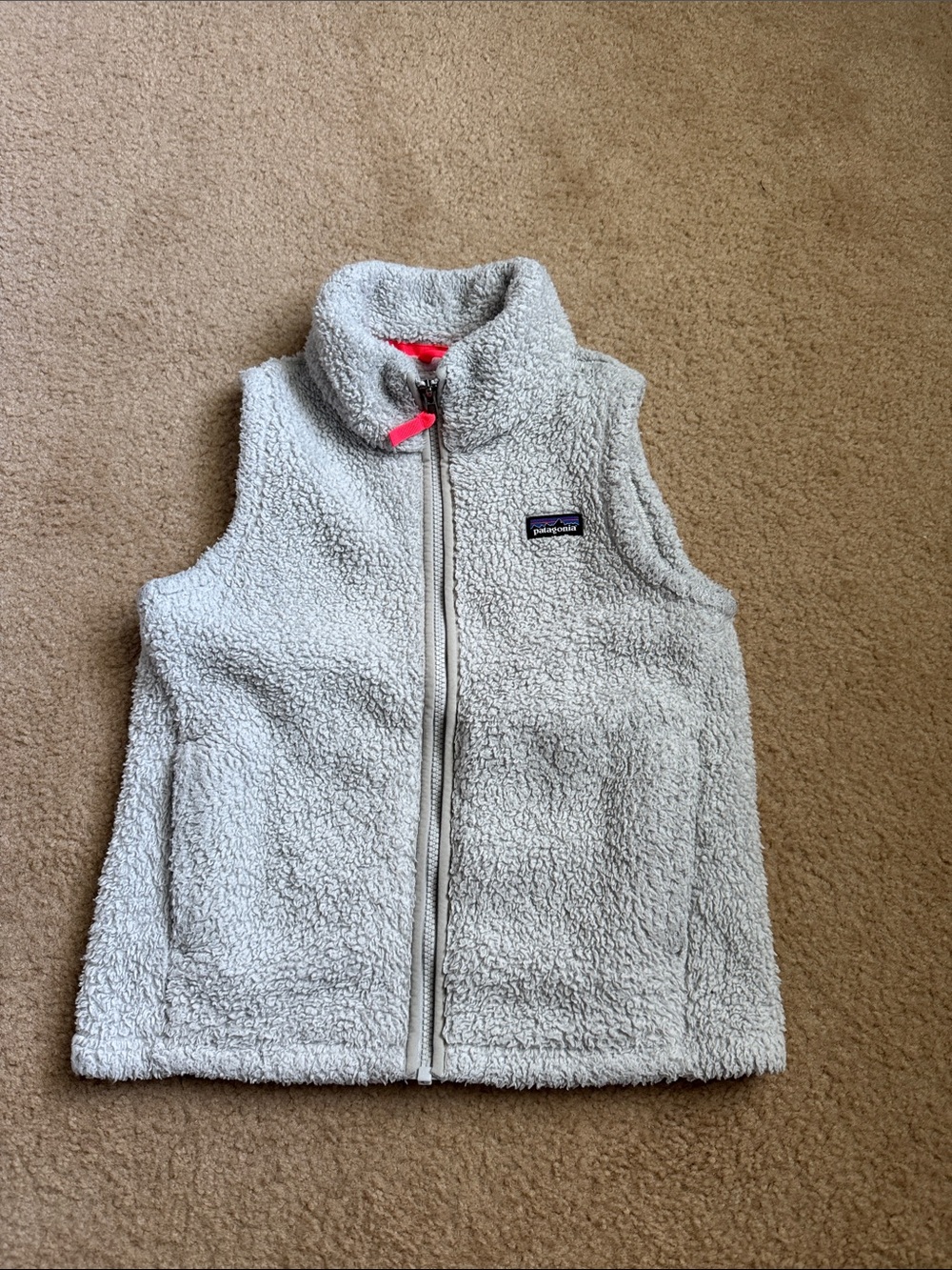 Patagonia Light Gray Sherpa Fleece Vest with Pink Zipper Accent